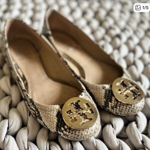 Tory Burch Gold Emblem Snakeskin Flats